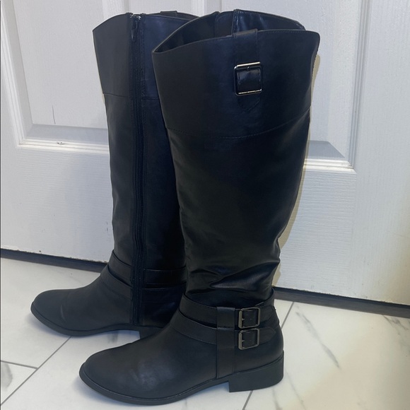 American Eagle Riding Boots Black Knee-High Buckle Details Zippers Sz 9.5 - Picture 3 of 13